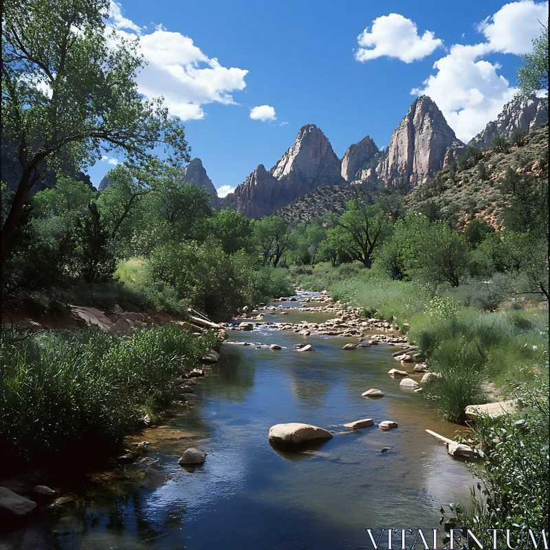 Serenity of a River Valley with Majestic Mountains AI Image