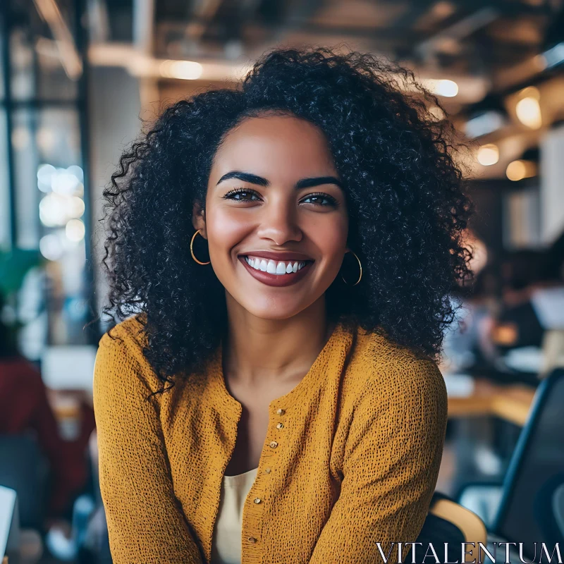 Young Woman in Yellow Sweater Smiling at the Office AI Image