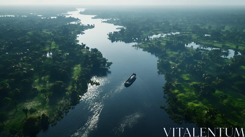 Tranquil River and Lush Green Landscape from Above AI Image