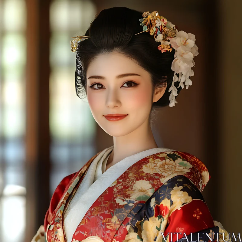 Graceful Lady in Floral Kimono and Hair Accessories AI Image