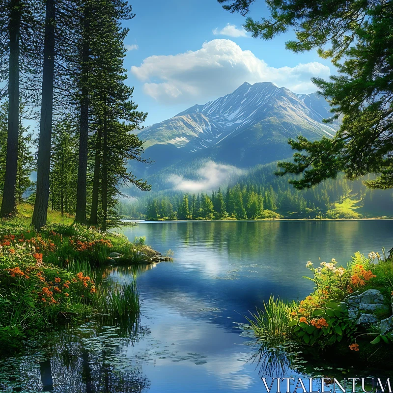 Peaceful Lake and Majestic Mountain Scene AI Image