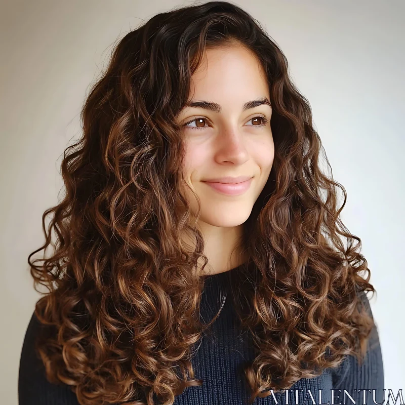 AI ART Smiling Woman with Voluminous Curly Hair Portrait