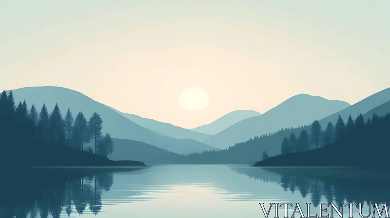 AI ART Peaceful Mountain Sunrise Over Lake