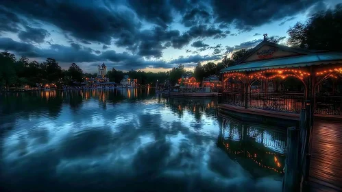 Illuminated Pier by Night with Reflections