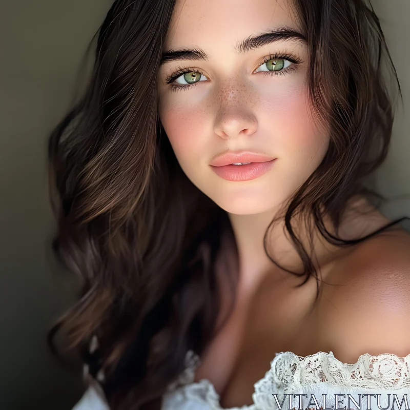 Brunette Woman with Green Eyes in Lace Top AI Image