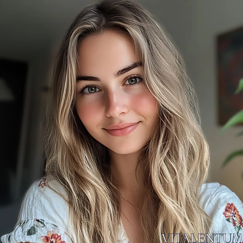 Portrait of Happy Blonde Woman with Green Eyes AI Image