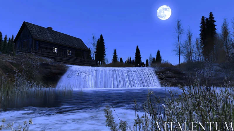 Peaceful Moonlit Waterfall and Cabin at Night AI Image