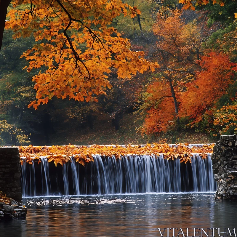 Peaceful Autumn Cascade in a Colored Forest AI Image