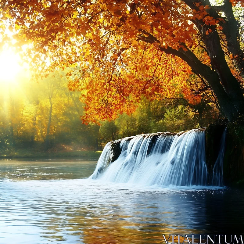 Golden Autumn Waterfall Scene AI Image