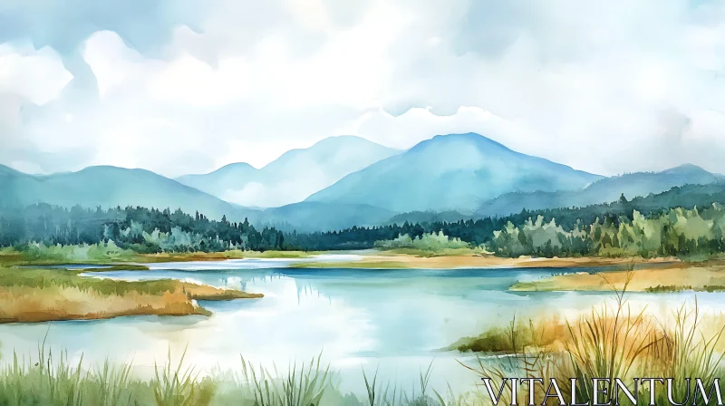 Tranquil Lake with Distant Blue Mountains AI Image