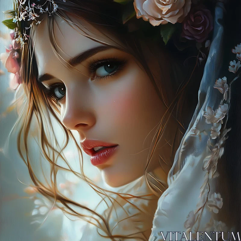 Blue-eyed Woman with Rose Floral Crown AI Image