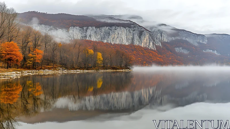 Serene Lake with Fall Trees and Foggy Mountains AI Image