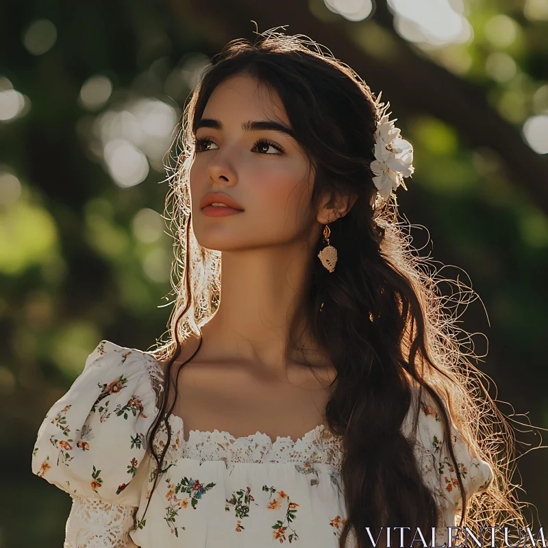 Graceful Lady in Floral Dress amid Nature AI Image