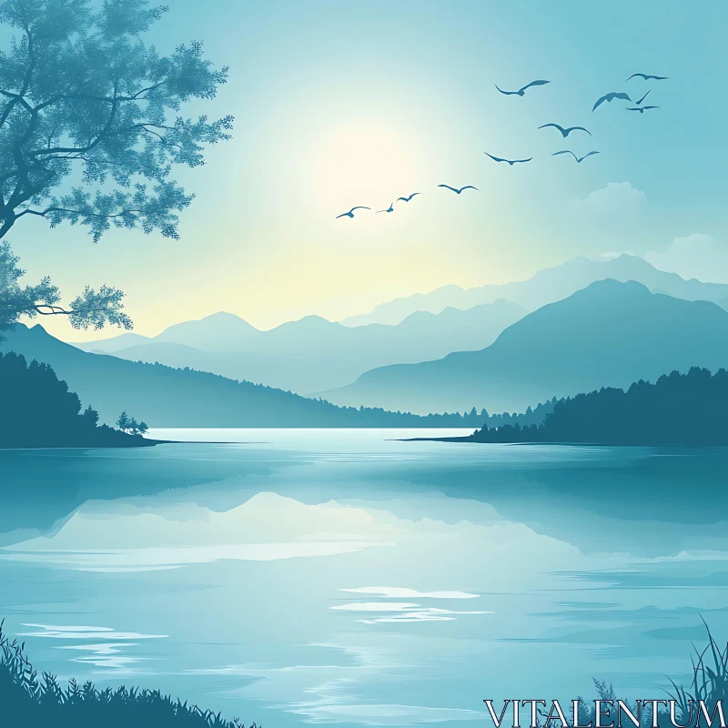 AI ART Mountain Lake Sunrise with Flying Birds