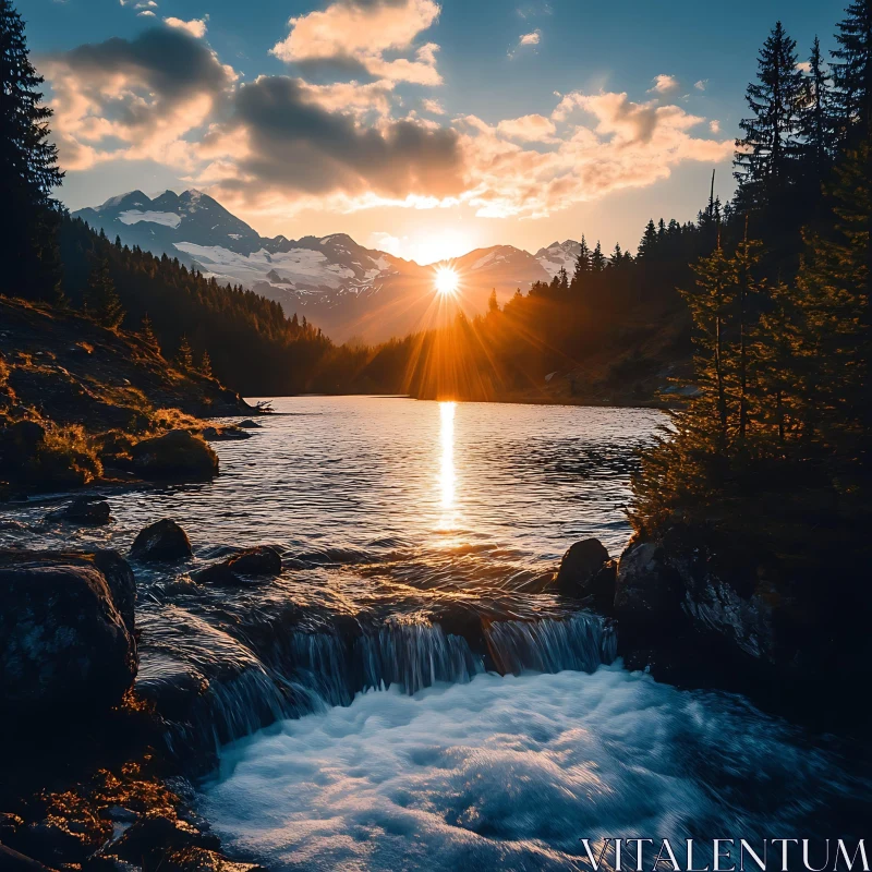 Golden Sunset at Mountain Lake with Waterfall AI Image