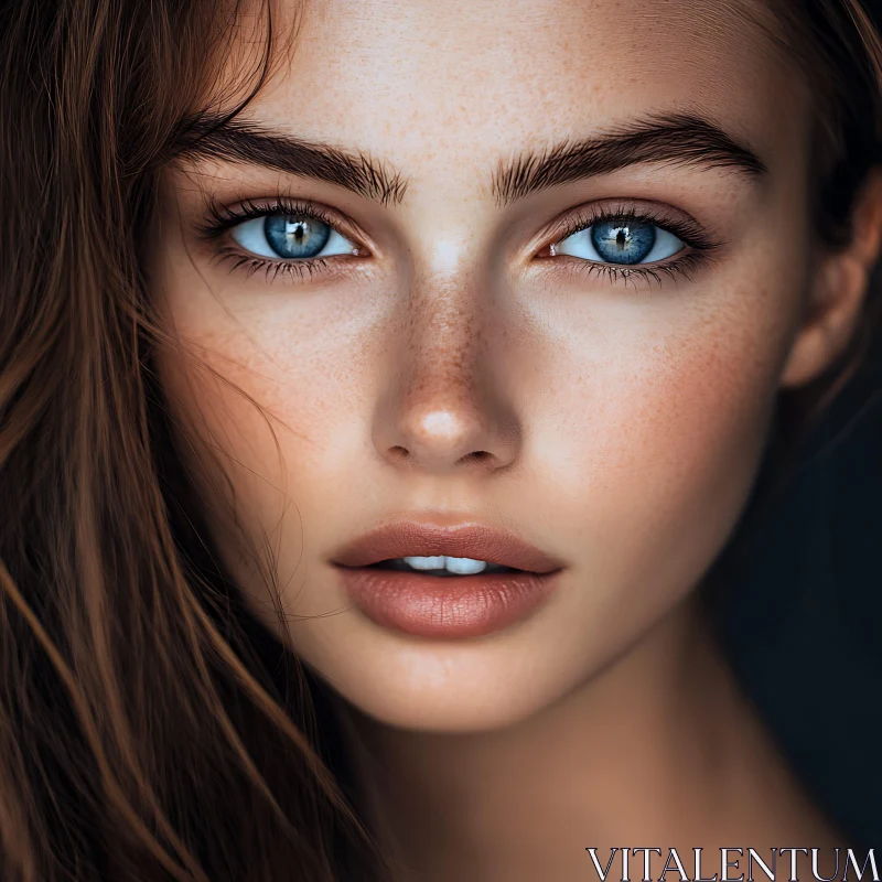 Woman's Detailed Portrait with Freckles and Blue Eyes AI Image