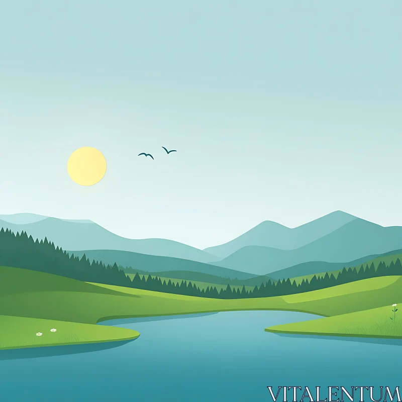 Tranquil Lakeside Scene with Mountains AI Image