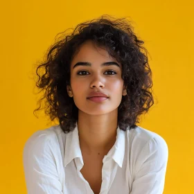 Confident Woman with Curly Hair in White Shirt