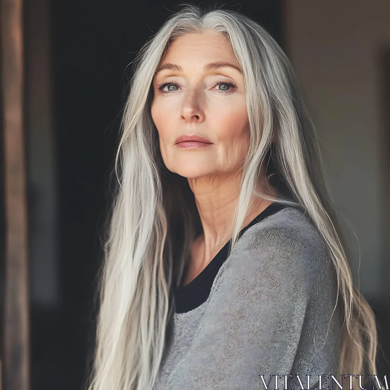 Reflective Woman with Elegant Grey Hair AI Image