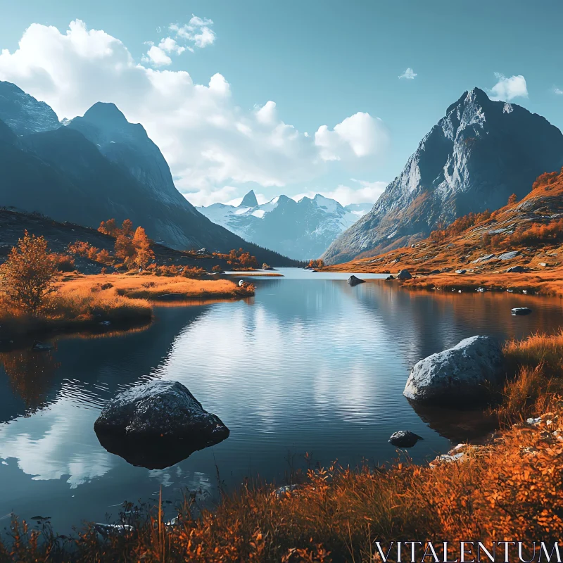 Autumn Mountain Landscape with Reflective Lake AI Image