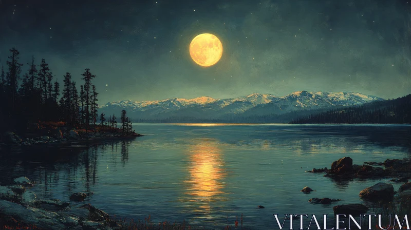 AI ART Tranquil Night by the Lake Under Moonlight