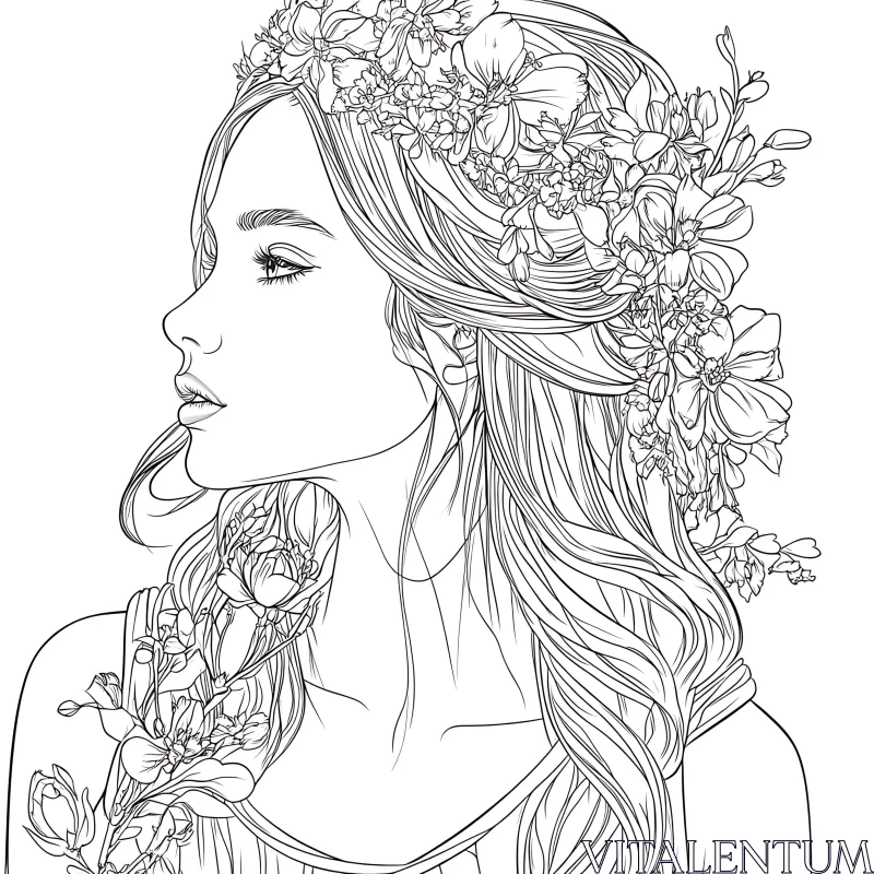 Intricate Line Drawing of Woman's Profile with Flowers AI Image