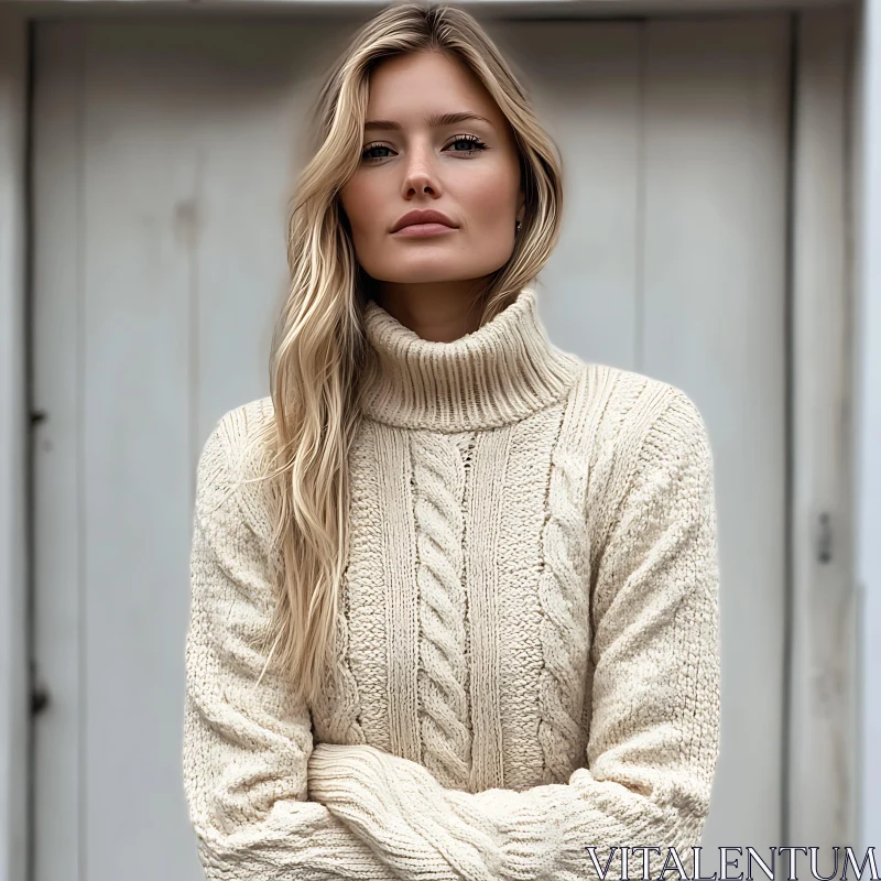 Cozy Blonde Woman in Knit Turtleneck Sweater AI Image