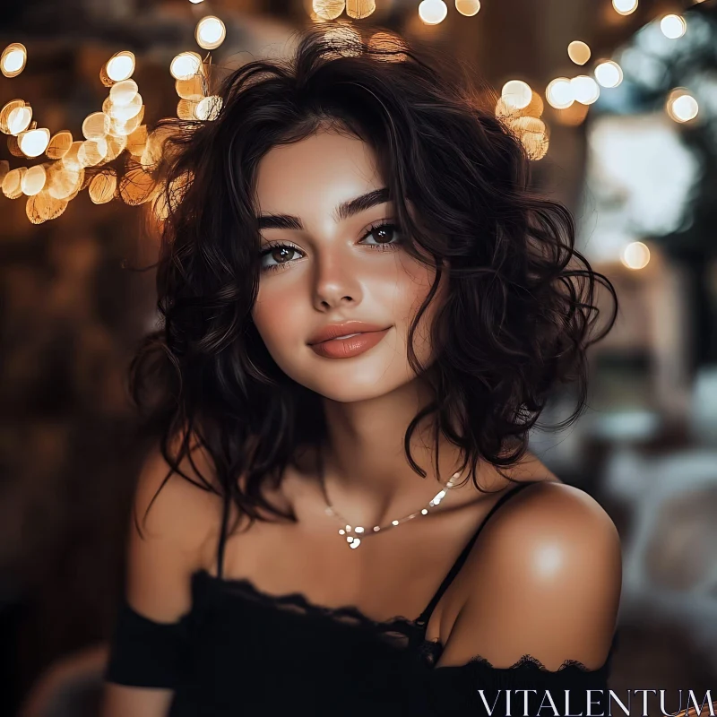 Charming Woman with Curly Hair and Warm Lights AI Image