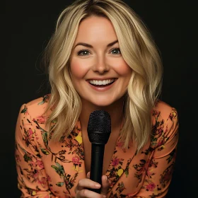 Smiling Individual Holding a Microphone in Floral Orange Dress