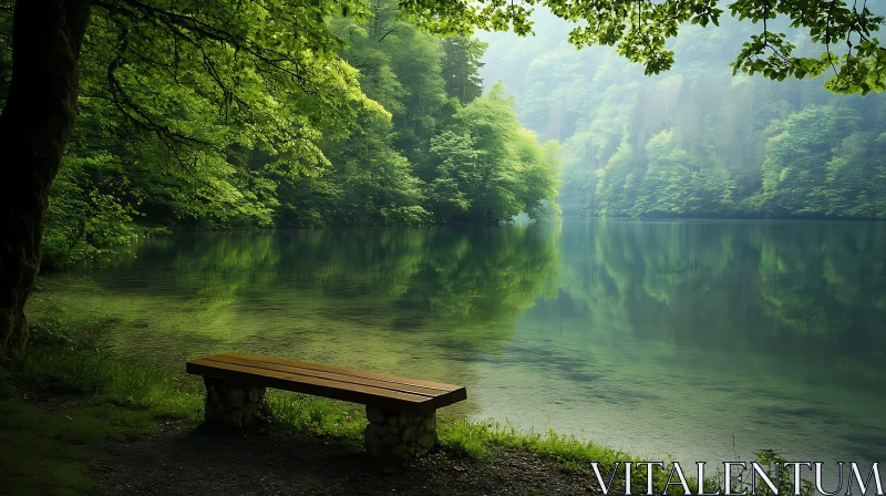 Serene Forest Lake with Bench AI Image