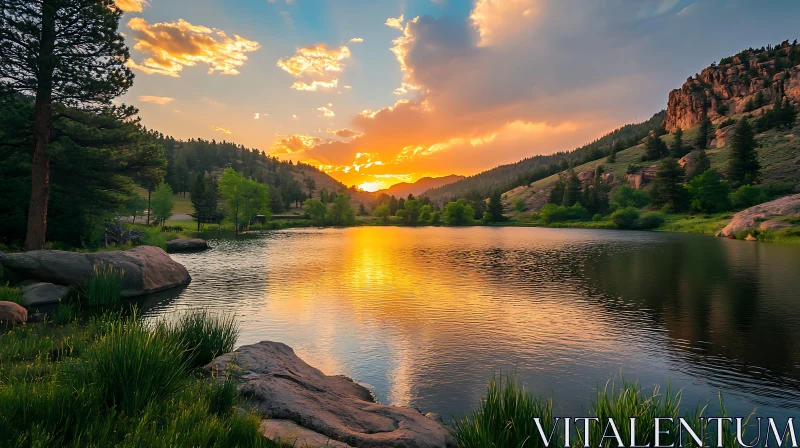 Sunset Reflections on a Tranquil Lake AI Image