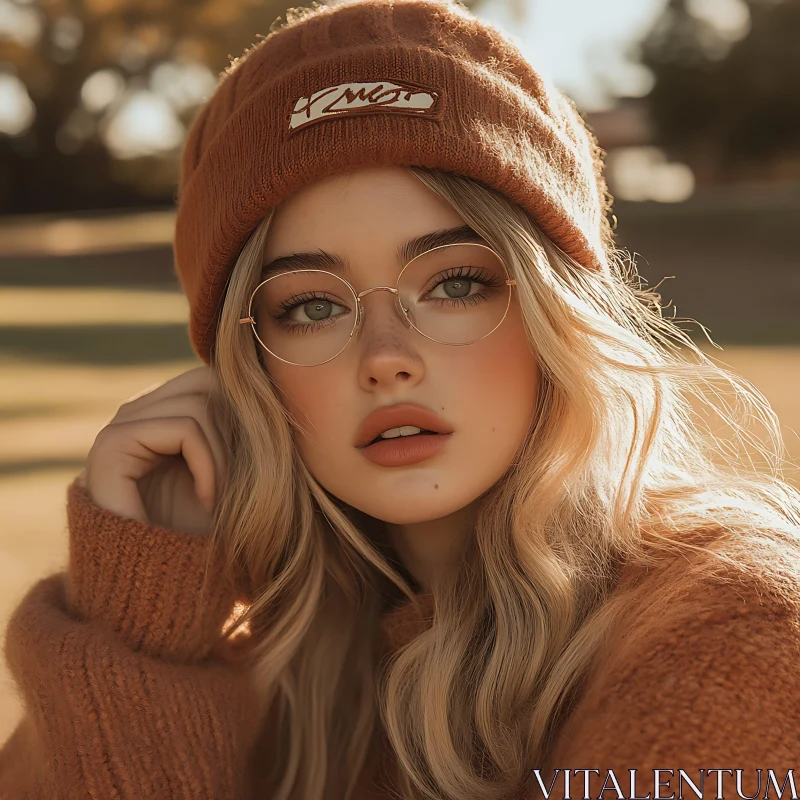 Trendy Autumn Look of a Young Woman with Glasses and Sweater AI Image