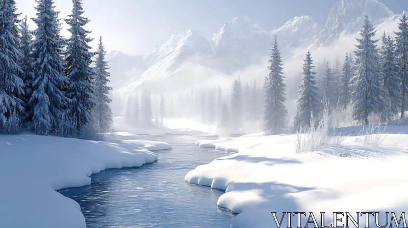 Winter Wonderland with Pine Trees and Misty Mountains AI Image