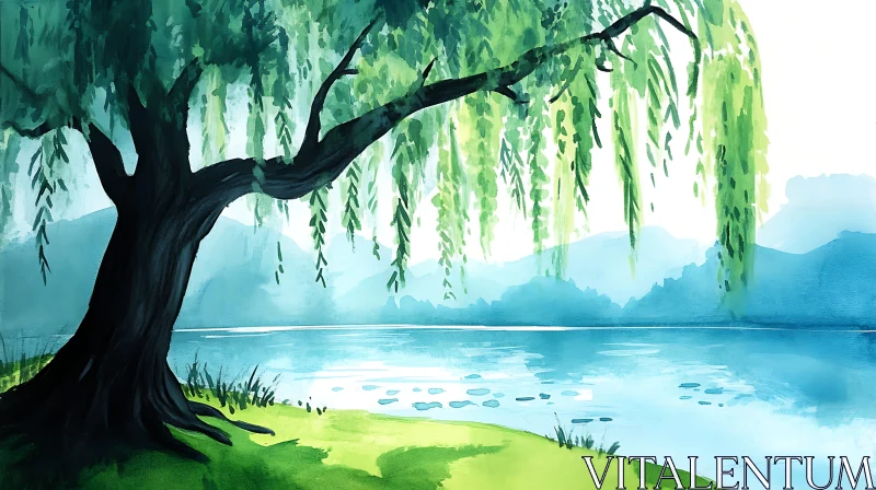 AI ART Serene Lakeside with Willow Tree