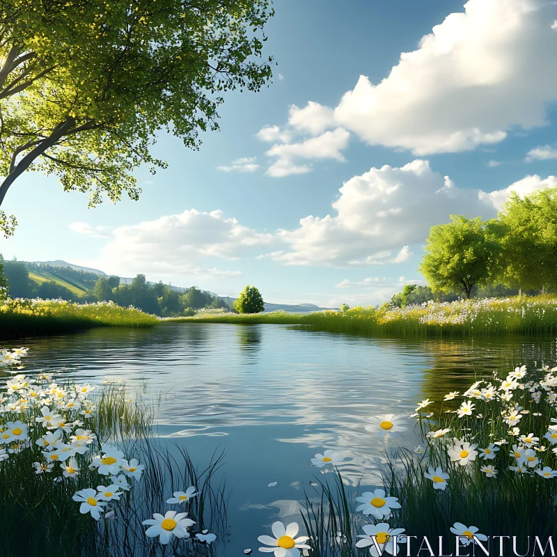 AI ART Serene Lakeside Landscape with Flowers