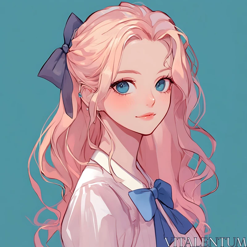 Elegant Anime Girl with Blue Bow and Blonde Locks AI Image