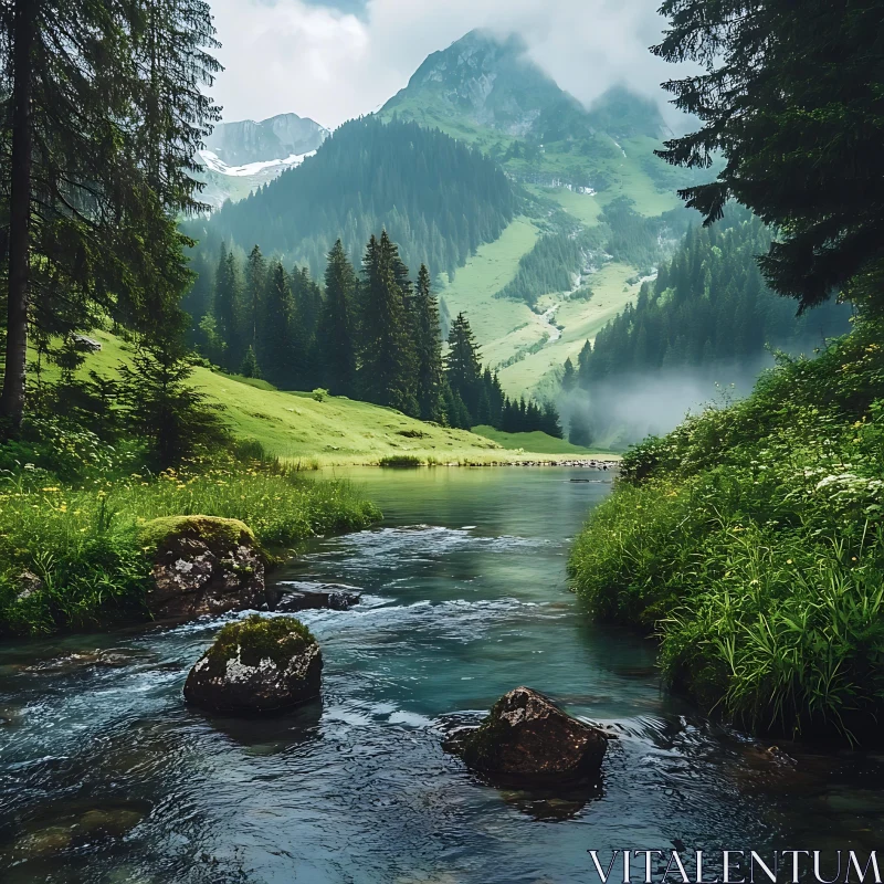 Tranquil Mountain River in Misty Forest AI Image