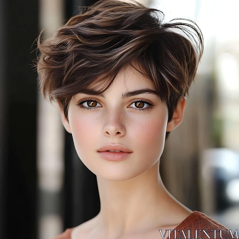 Beautiful Woman with Short Brown Hair and Freckles AI Image