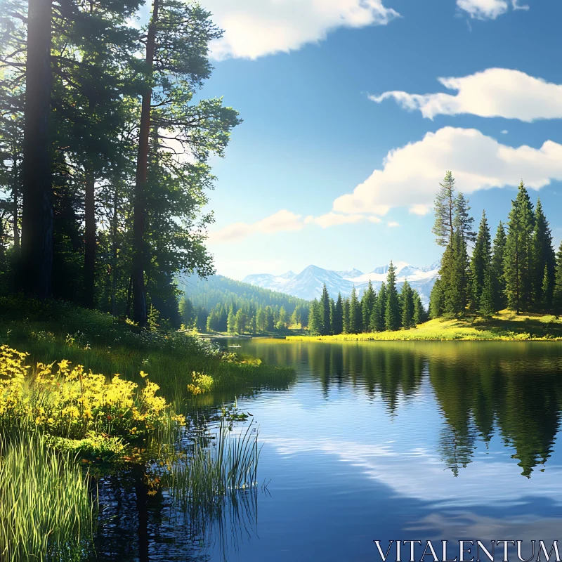 AI ART Peaceful Lake with Pine Trees and Mountains