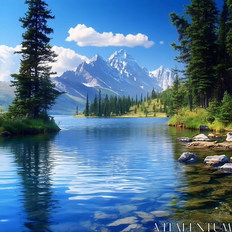 Serene Mountain Lake with Pristine Reflections and Clear Sky AI Image