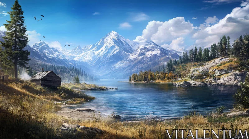 Tranquil Mountain Lake Scene AI Image