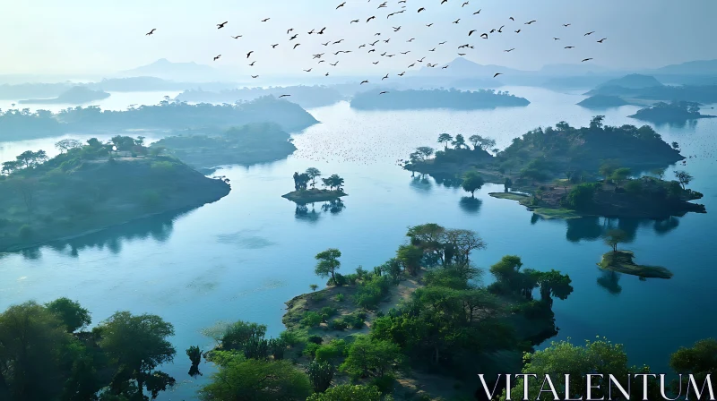 Scenic Lake with Verdant Islands and Flying Birds AI Image