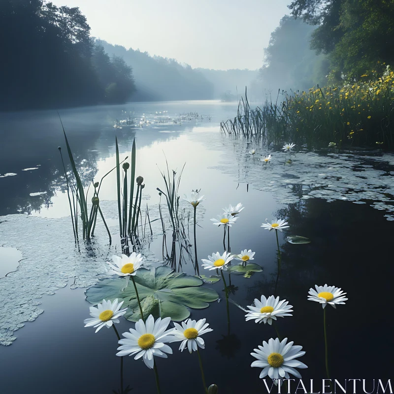 AI ART Tranquil Lake Scene with Daisies at Dawn