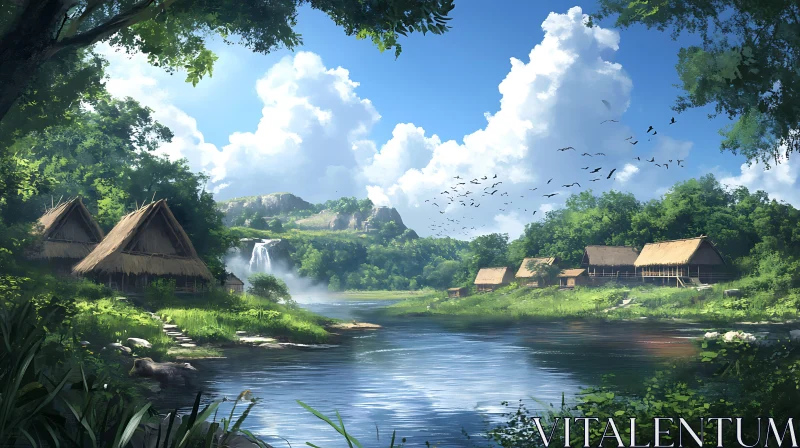 AI ART Serene Landscape of a Village with Waterfall