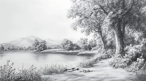 Peaceful Lakeside in Pencil Art