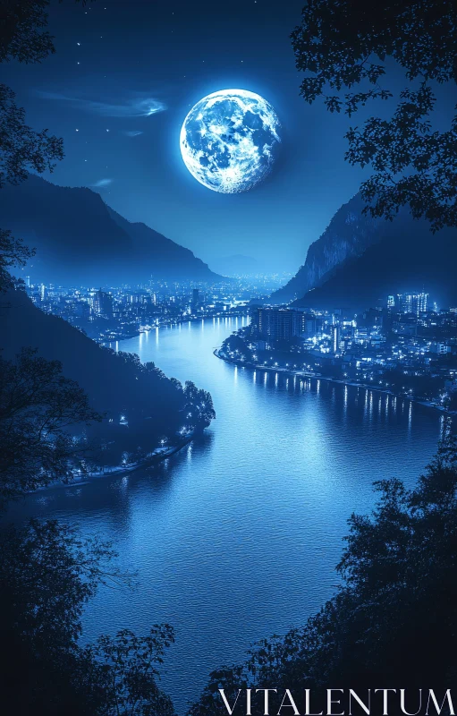 Serene Blue-Hued Night City Across Moonlit River AI Image