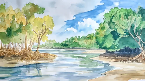 Mangroves by a Tranquil River - Watercolor Landscape