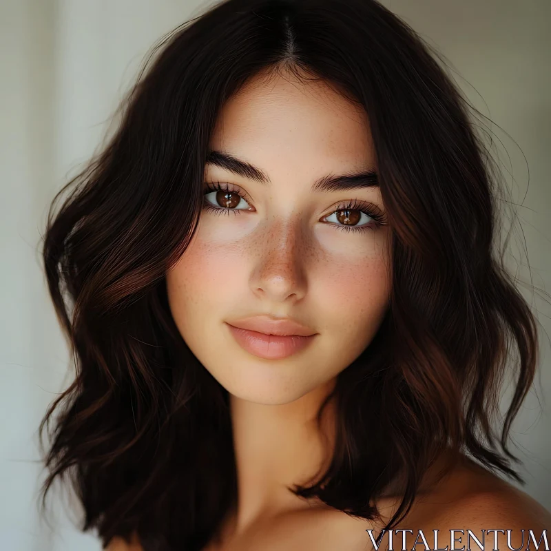 Beautiful Woman with Wavy Hair and Freckles AI Image