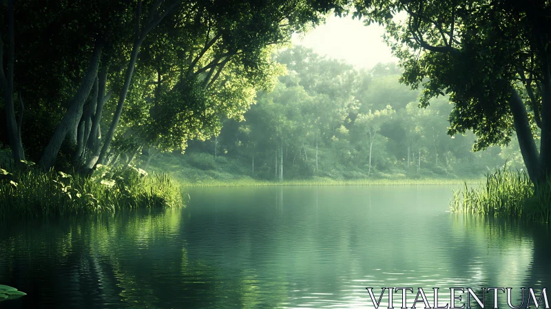 Tranquil Lake Surrounded by Lush Forest AI Image