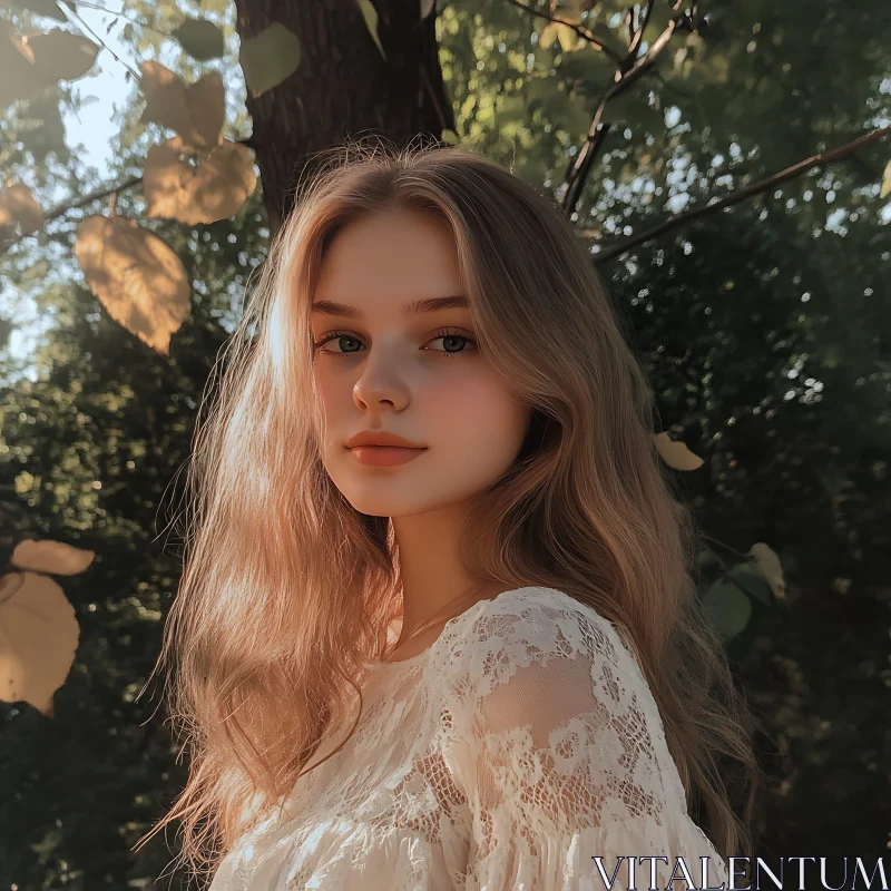 Young Woman in Lace Dress Amidst Forest Light AI Image